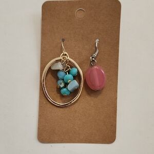 Gold Hoop Drop Earrings with Turquoise Beads and Pink Accent